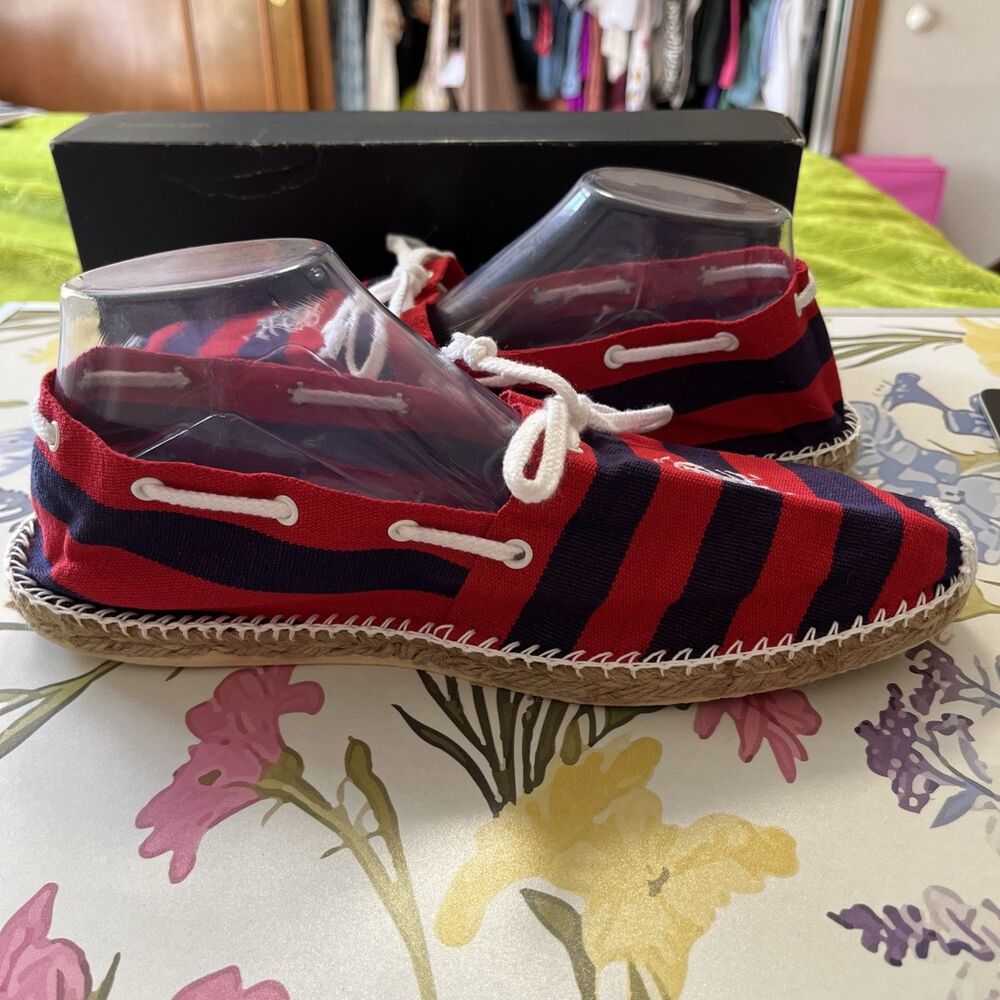 Polo Ralph Lauren Blue Red Striped Espadrille Embroidery Madras Shoes Mens 10.5 - Picture 6 of 10